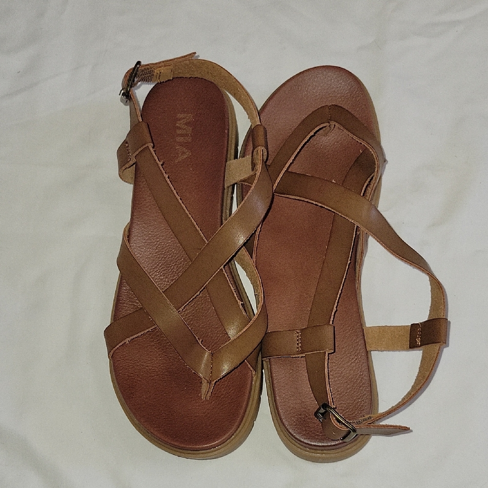 MIA Brown Leather Sandals with Crisscross Straps